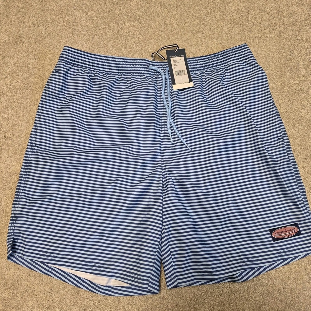 Vineyard Vines Chappy Swim Trunks L Blue Stiles Point Stripe Moonshine Shorts